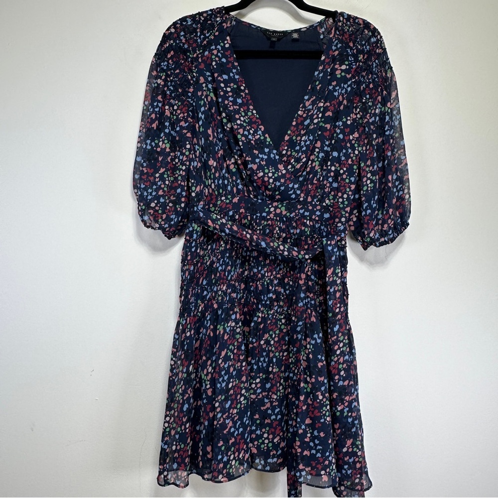 Ted Baker Casidee Heart Print Puff Sleeve Wrap Mini Dress Navy Size 1 US 4